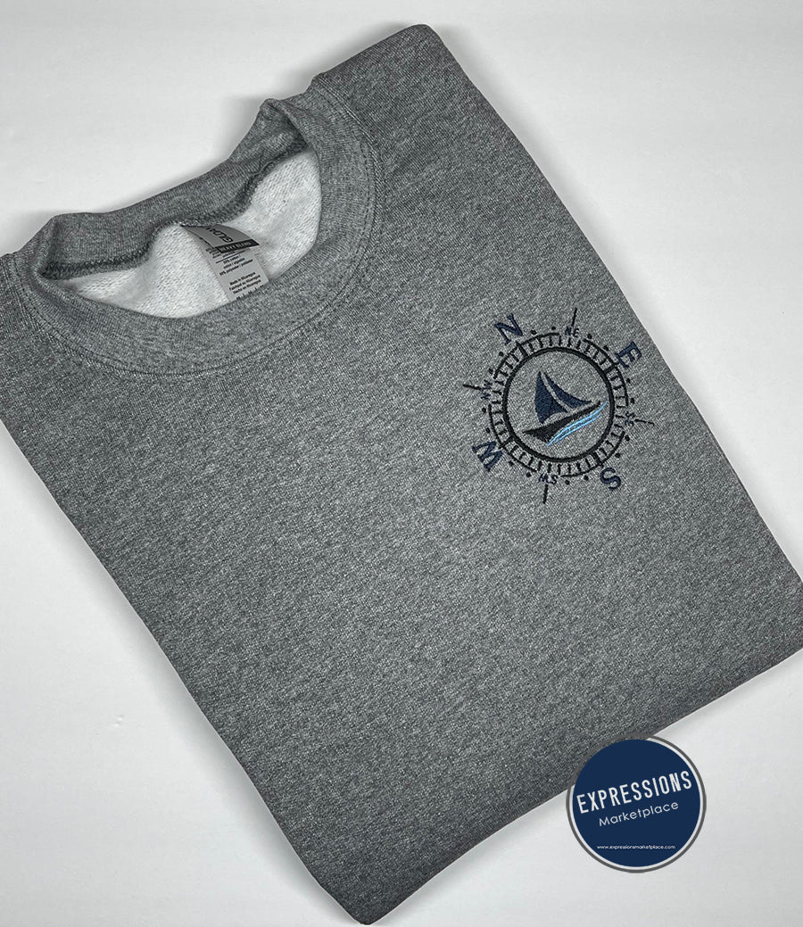 Nautical Compass Sailboat - Crewneck Sweatshirt - Embroidery