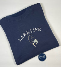 Load image into Gallery viewer, Lake Life - Fish - Reel/Rod - State - Without State - Crewneck Sweatshirt - Embroidery