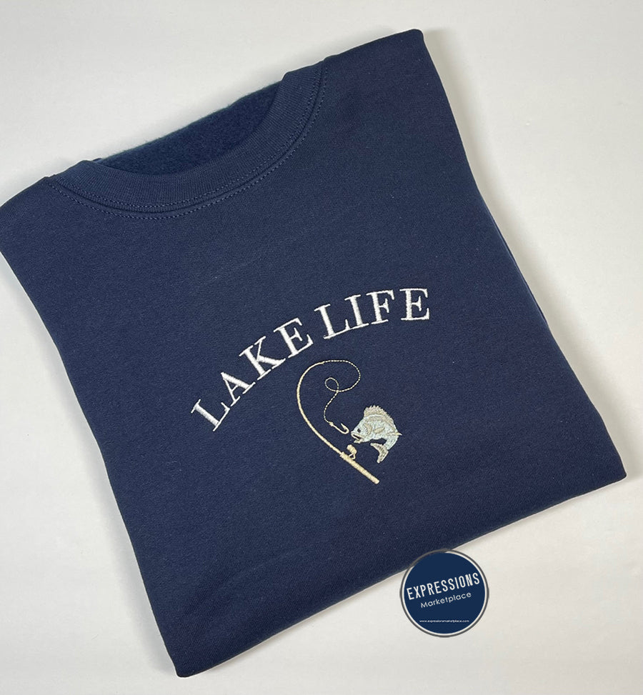 Lake Life - Fish - Reel/Rod - State - Without State - Crewneck Sweatshirt - Embroidery